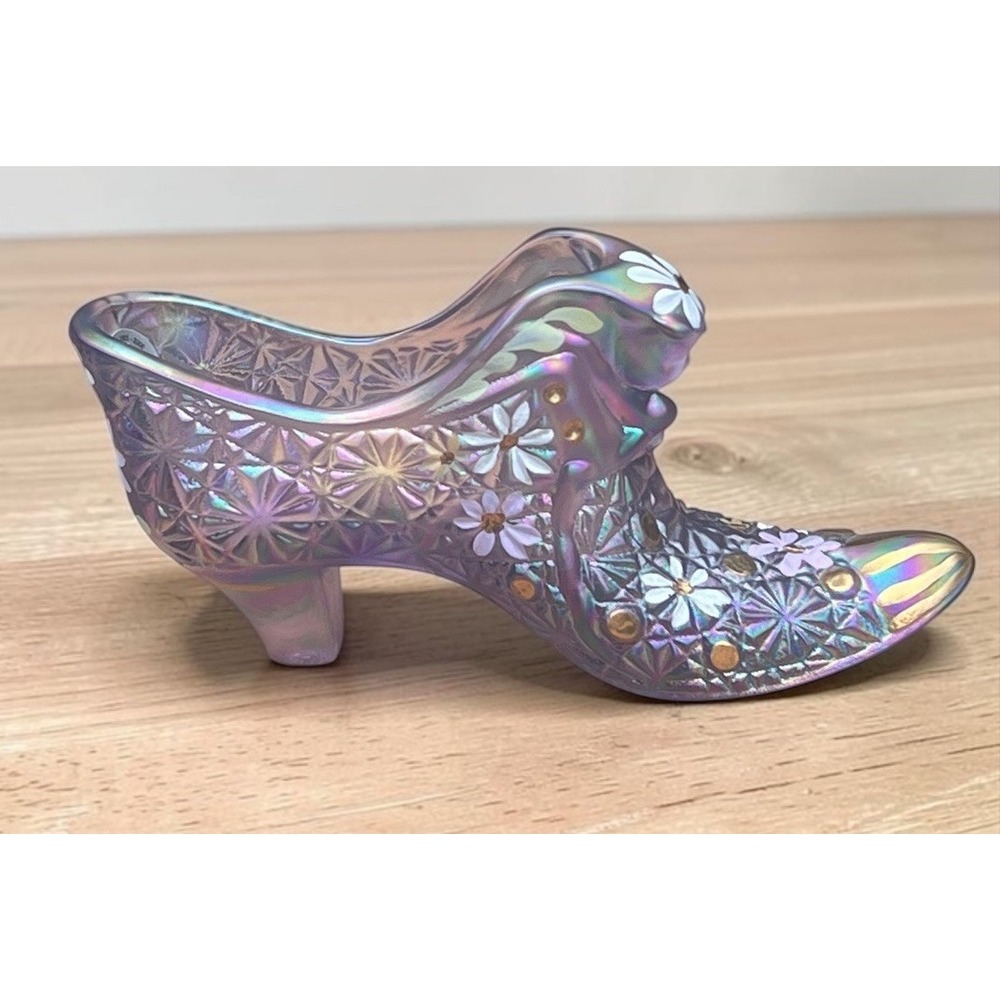 Fenton Hand Painted Amethyst Carnival Glass Slipper Shoe K Burkett Daisy 95th
